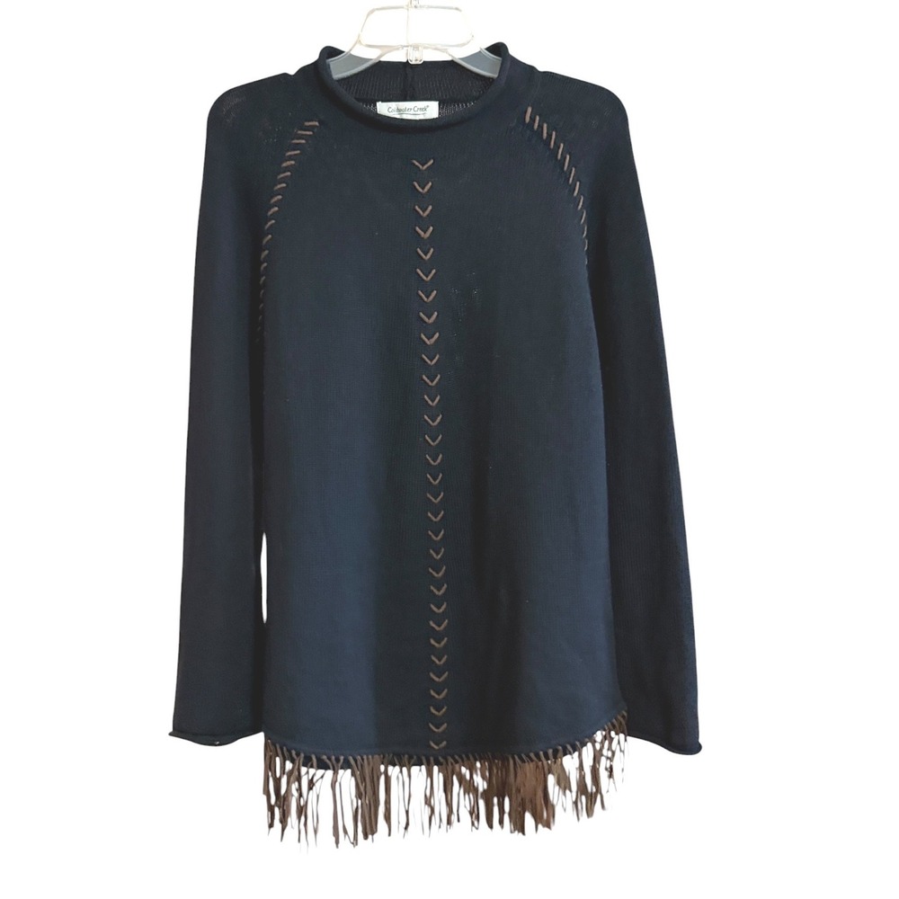 Coldwater Creek Womens Medium Black Whipstitch Fringe Hem Angora Blend Sweater